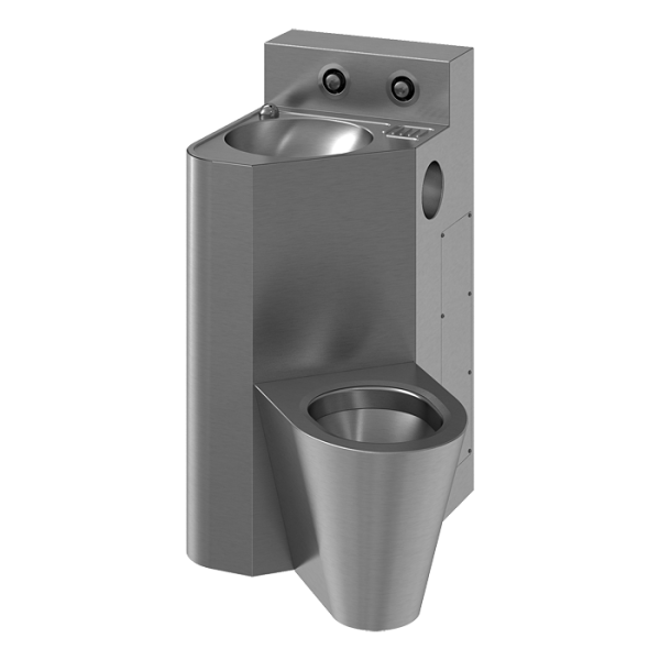 Vandal-proof corner combination unit, hanging toilet on the right side