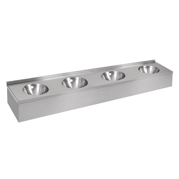 Vægophængt håndvask i rustfrit stål med forkant (4 vaskepladser)