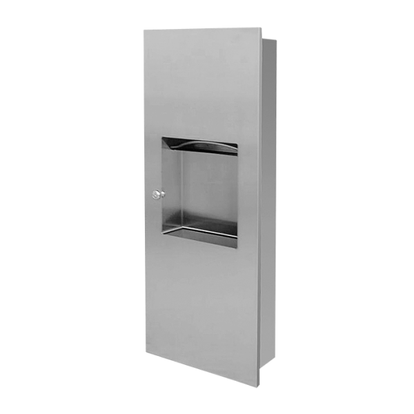 Dispenser i rustfrit stål til papirhåndklæder med affaldsbeholder, til montering i væg, børstet