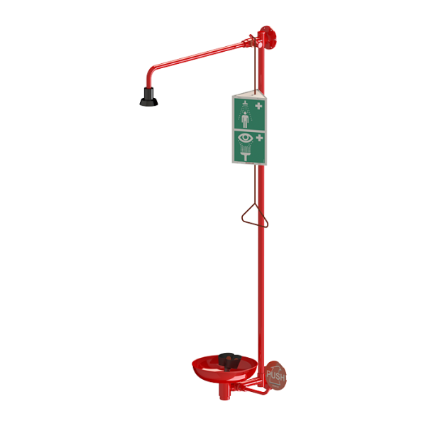 Vægmonteret krops- og øjenskyller - kropsbruser med startudløser og selvrensende brusehoved, øjenskyller med to sprayhoveder, skål og startgreb