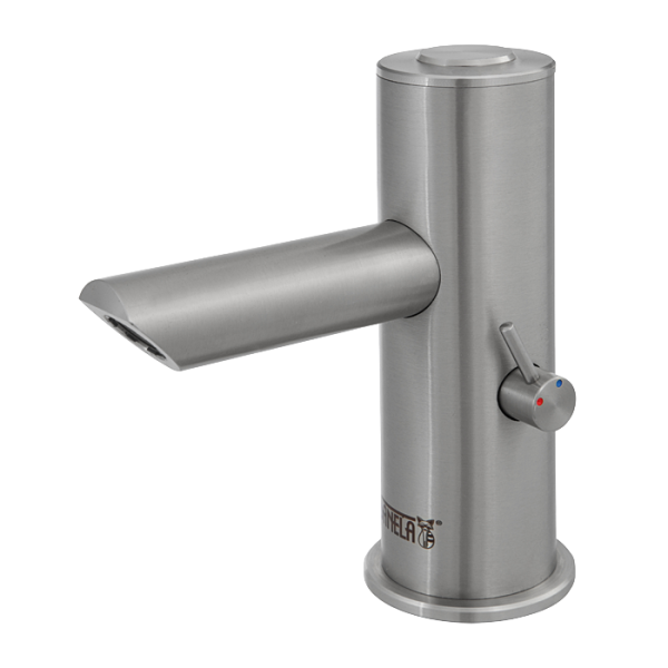 Piezo håndvaskarmatur i rustfrit stål med blandingsbatteri, længere udløbsarm, 6 V