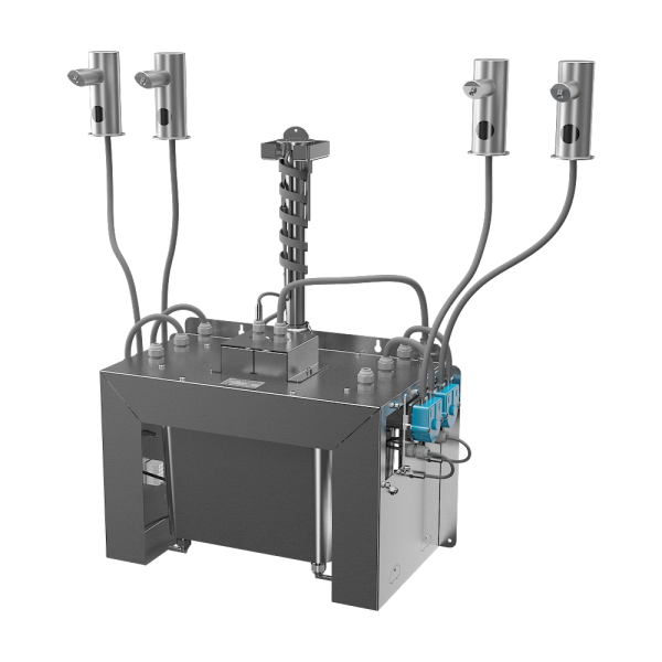 Sæt med 4 stk. automatiske sæbedispensere i rustfrit stål til bordplade, 6 l central sæbebeholder, 230 V AC