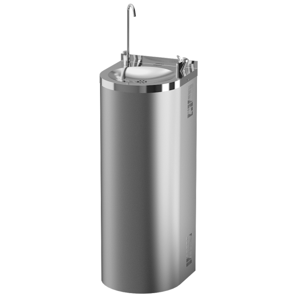 Drikkefontæne i rustfrit stål til gulvmontering med flaskepåfylder