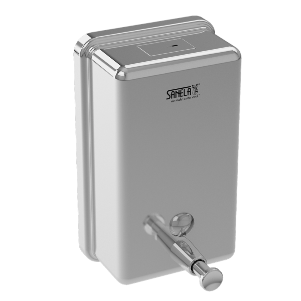 Dispenser til flydende sæbe i rustfrit stål, volumen 1,2 l, poleret, indvendig plastbeholder