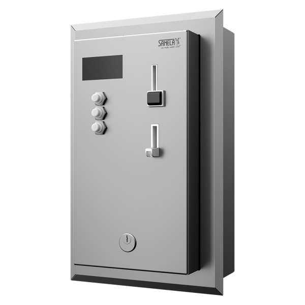 Recessed coin and token shower timer for four to twelve showers, 24 V DC, choice of shower by the machine, direct control