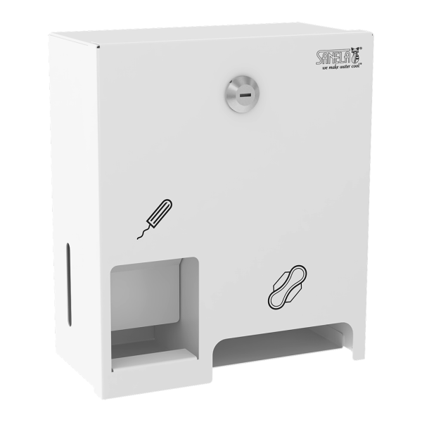 Dispenser i rustfrit stål til tamponer og bind, hvid pulverlakering